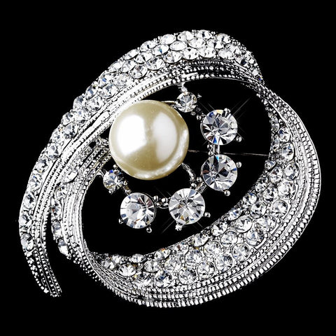 * Radiant Antique Silver with Clear Rhinestones and Ivory Pearls Bridal Wedding Brooch 92
