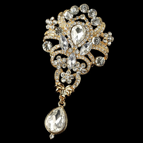Gold Clear Rhinestone Vintage dangle Bridal Wedding Brooch 923