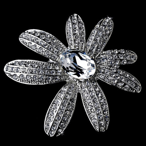 * Antique Silver Clear Rhinestone Flower Bridal Wedding Brooch 95