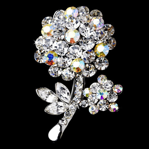* Antique Silver Clear Aurora Borealis Rhinestone Flower Bridal Wedding Brooch Pin 96