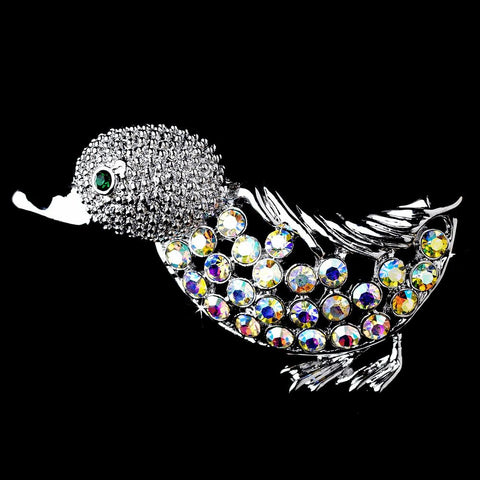 * Antique Silver AB Rhinestone Duck Pin w/ Green Rhinestone Eyes Bridal Wedding Brooch 99