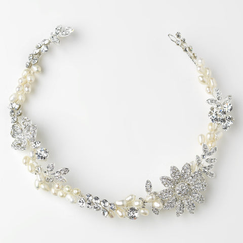 Silver Ivory Freshwater Pearl & Clear Rhinestone Bridal Wedding Headpiece Bridal Wedding Hair Clip 1060