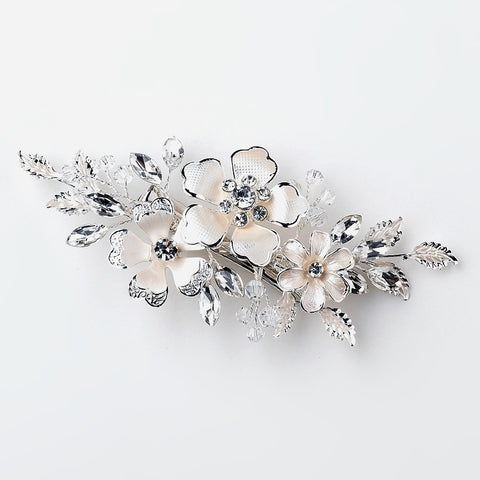 Silver Ivory Enameled Flower Bridal Wedding Hair Clip 34 w/ Swarovski Crystal Beads & Rhinestones