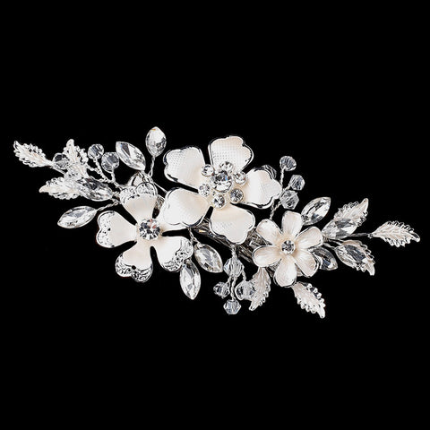 Silver Ivory Enameled Flower Bridal Wedding Hair Clip 34 w/ Swarovski Crystal Beads & Rhinestones