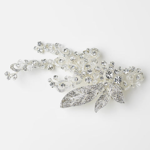 Sparkling Rhinestone Covered Leaf Swirl Bridal Wedding Hair Clip 9515 (Silver or Antique Silver)
