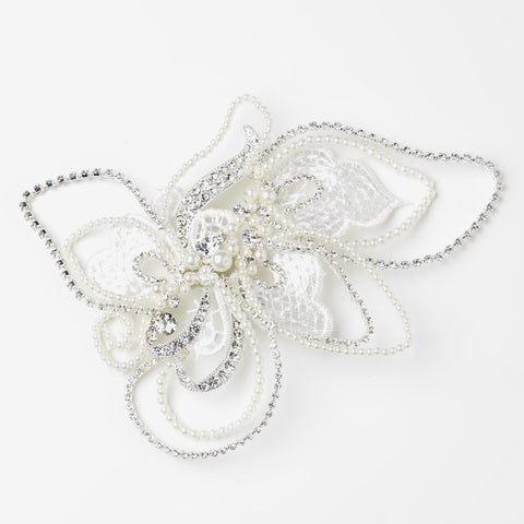Silver Diamond White Pearl, Rhinestone & Lace Bridal Wedding Hair Clip 9631