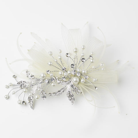 Silver Ivory Pearl, Rhinestone & Ribbon Design Bridal Wedding Hair Clip 9637