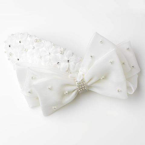 Silver Ivory Pearl & Rhinestone Accented Bow Bridal Wedding Hair Clip 9638