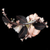 Rose Peach Gold Organza Soft Fabric Pearl Rhinestone Bridal Wedding Hair Flower Bridal Wedding Hair Clip w/ Golden Leaves
