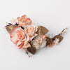 Rose Peach Gold Organza Soft Fabric Pearl Rhinestone Bridal Wedding Hair Flower Bridal Wedding Hair Clip w/ Golden Leaves