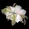 Champagne White Organza Bead Rhinestone Flower Bridal Wedding Hair Clip w/ Silver Leaves