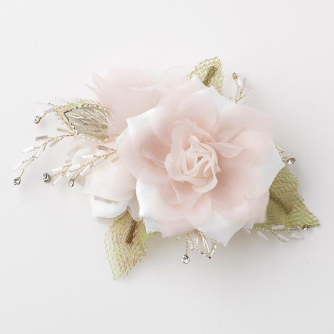 Champagne White Organza Bead Rhinestone Flower Bridal Wedding Hair Clip w/ Silver Leaves