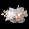 Rum Pink Ivory Sheer Organza Pearl & Swarovski Crystal Bead Flower Bridal Wedding Hair Clip w/ Golden Leaves