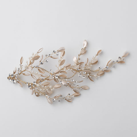 Light Gold Champagne Pearl & Rhinestone Leaf Bridal Wedding Hair Clip 10006