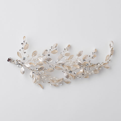 Silver Champagne Pearl & Rhinestone Leaf Bridal Wedding Hair Clip 10006