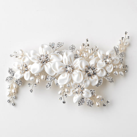 Silver Ivory Freshwater Pearl & Rhinestone Flower Bridal Wedding Hair Clip 9636