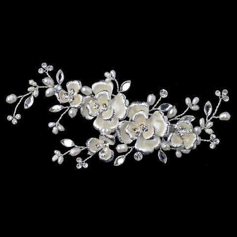 Ivory Freshwater Pearl Flower Bridal Wedding Hair Clip with Rhinestone Accents