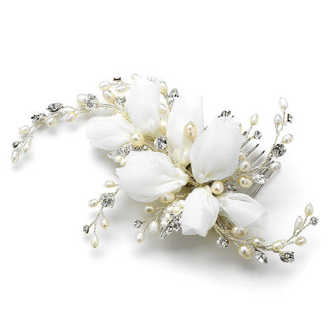 Silver Patten Pearl Rose Bridal Wedding Hair Comb 8110