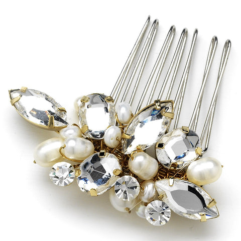 Dazzling Gold Clear Rhinestone & Freshwater Pearl Bridal Wedding Hair Comb 8247
