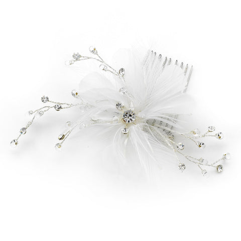 Delightful White Flower Bridal Wedding Hair Comb/Bridal Wedding Hair Clip w/ Soft Feathers & Silver Clear Rhinestones 8269