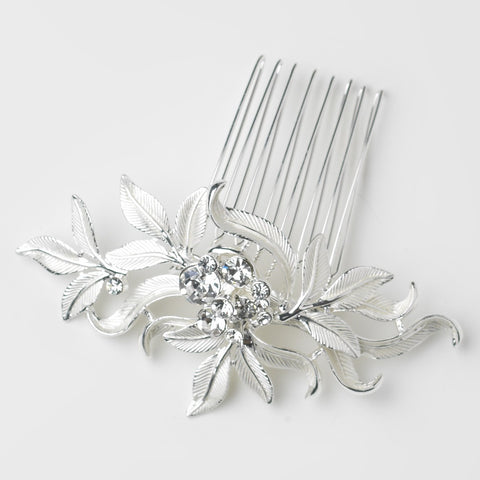 Silver Clear Rhinestone Floral Leaf Bridal Wedding Hair Comb 9646