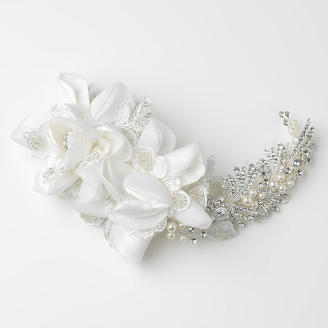 Silver Ivory Pearl, Rhinestone & Bugle Bead Accent Bridal Wedding Hair Comb 9647