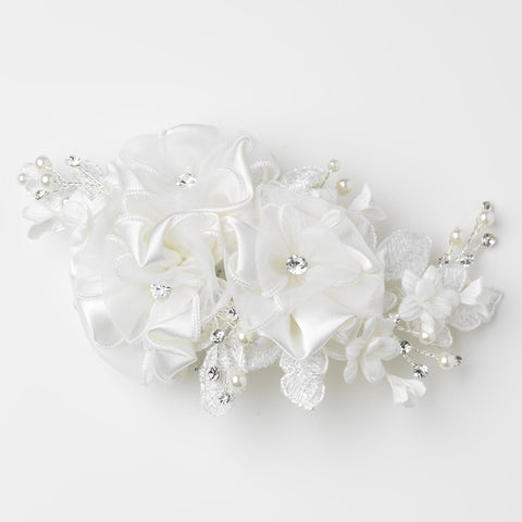 Silver Ivory Pearl & Rhinestone Accent Floral Bridal Wedding Hair Comb 9649