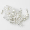Silver Plated Bridal Wedding Hair Comb 9658 of Rhinestone Leafs, Pearls, and Diamond White Bridal Wedding Veiling