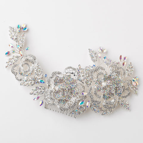 Silver Floral Bridal Wedding Hair Comb with AB & Clear Rhinestones