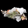 White Gold Rose Fabric Flower Bridal Wedding Hair Comb w/ Golden Leaves, Pearls & Rhinestones