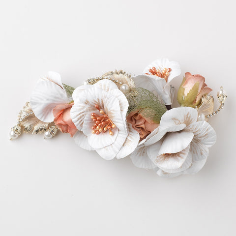 White Gold Rose Fabric Flower Bridal Wedding Hair Comb w/ Golden Leaves, Pearls & Rhinestones