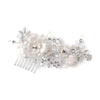 Silver Champagne Enameled Flower Bridal Wedding Hair Comb w/ Rhinestones & Freshwater Pearls 3812