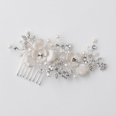 Silver Champagne Enameled Flower Bridal Wedding Hair Comb w/ Rhinestones & Freshwater Pearls 3812