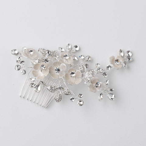 Silver Champagne Enameled Flower Bridal Wedding Hair Comb w/ Rhinestones 5036