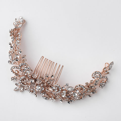 Rose Gold Clear Rhinestone Floral Vine Bridal Wedding Hair Bun Wrap Comb 5096