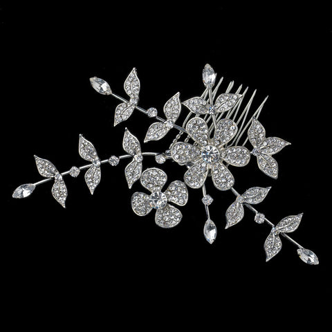 Rhodium Clear Rhinestone Floral Bridal Wedding Hair Comb