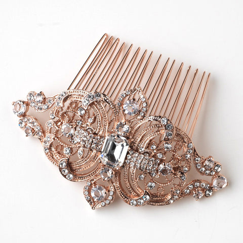 Rose Gold Clear Rhinestone Bridal Wedding Hair Comb 8356