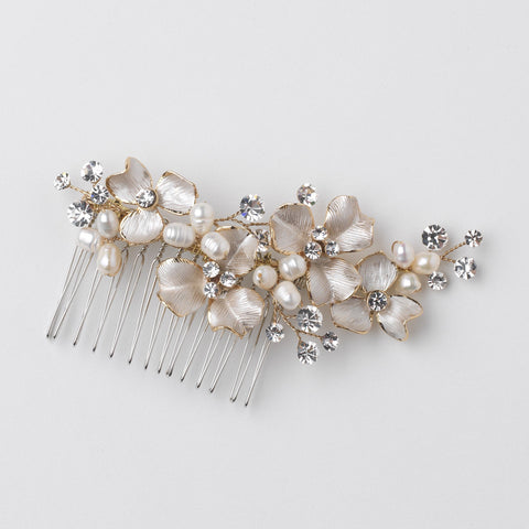 Gold Ivory Freshwater Pearl & Rhinestone Floral Bridal Wedding Hair Comb 120