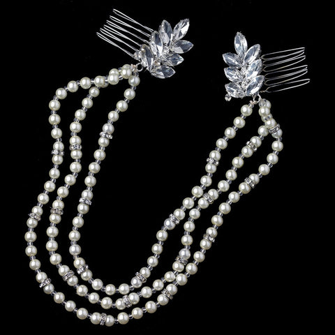 Silver Clear Rhinestone Multi Strand Pearl Bridal Wedding Hair Comb