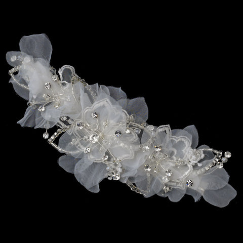 * Clear Rhinestone, Glass Bead & Fabric Flower Bridal Wedding Hair Clip 2268
