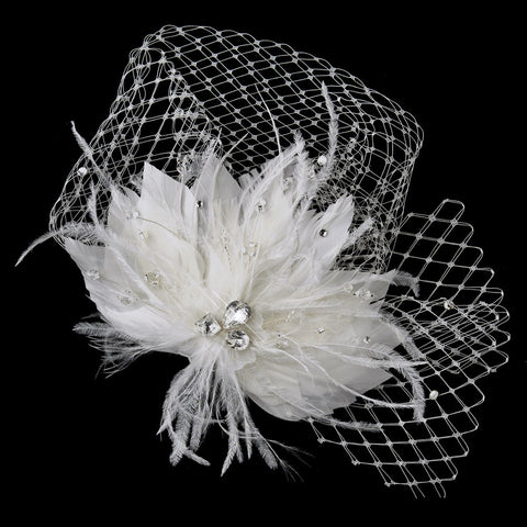 * Rhinestone & Crystal Bead Feather Flower Fascinator Bridal Wedding Hair Clip with Russian Tulle 2542
