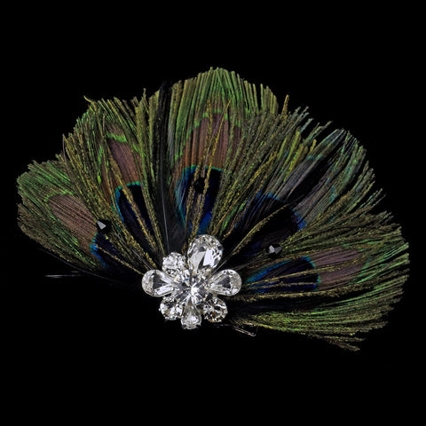 * Peacock Feather Bridal Wedding Hair Clip w/ Rhinestone Cluster 2644