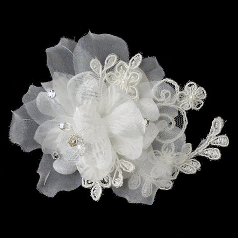Ivory Organza Floral Lace Bridal Wedding Hair Flower Bridal Wedding Hair Clip 3047 w/ Pearls, Rhinestones & Crystals