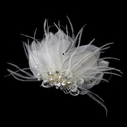 Silver Ivory Feather Bridal Wedding Hair Clip w/ Freshwater Pearl & Crystal 3578