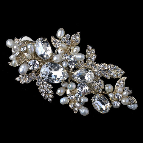 Light Gold Freshwater Pearl & Rhinestone Leaf Bridal Wedding Hair Clip