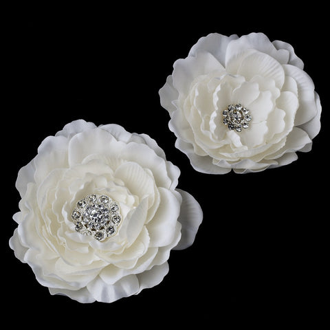 White or Ivory Jeweled Ranunculus Pair Bridal Wedding Hair Clip 438 with Bridal Wedding Brooch Pin
