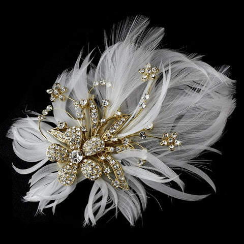 Glamorous Gold Bridal Wedding Hair Clip with Bridal Wedding Brooch Pin and Clear Rhinestones & Ivory Feathers 456