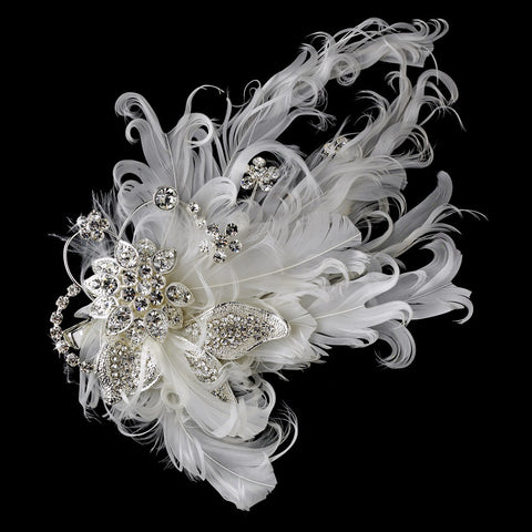 Fabulous White or Ivory Feather Bridal Wedding Hair Clip or Bridal Wedding Hair Clip Bridal Wedding Brooch w/ Silver Clear Rhinestones 458