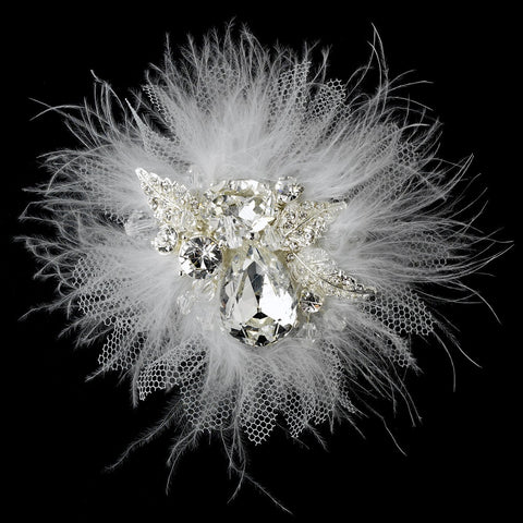 * Exquisite Silver Clear Rhinestone & Swarovski Crystal Bridal Wedding Hair Clip w/ White or Ivory Feathers 460