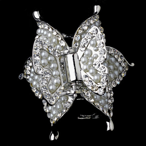 Silver Plated Bridal Wedding Hair Clip with Ivory Pearls & Sparkling Rhinestones 463